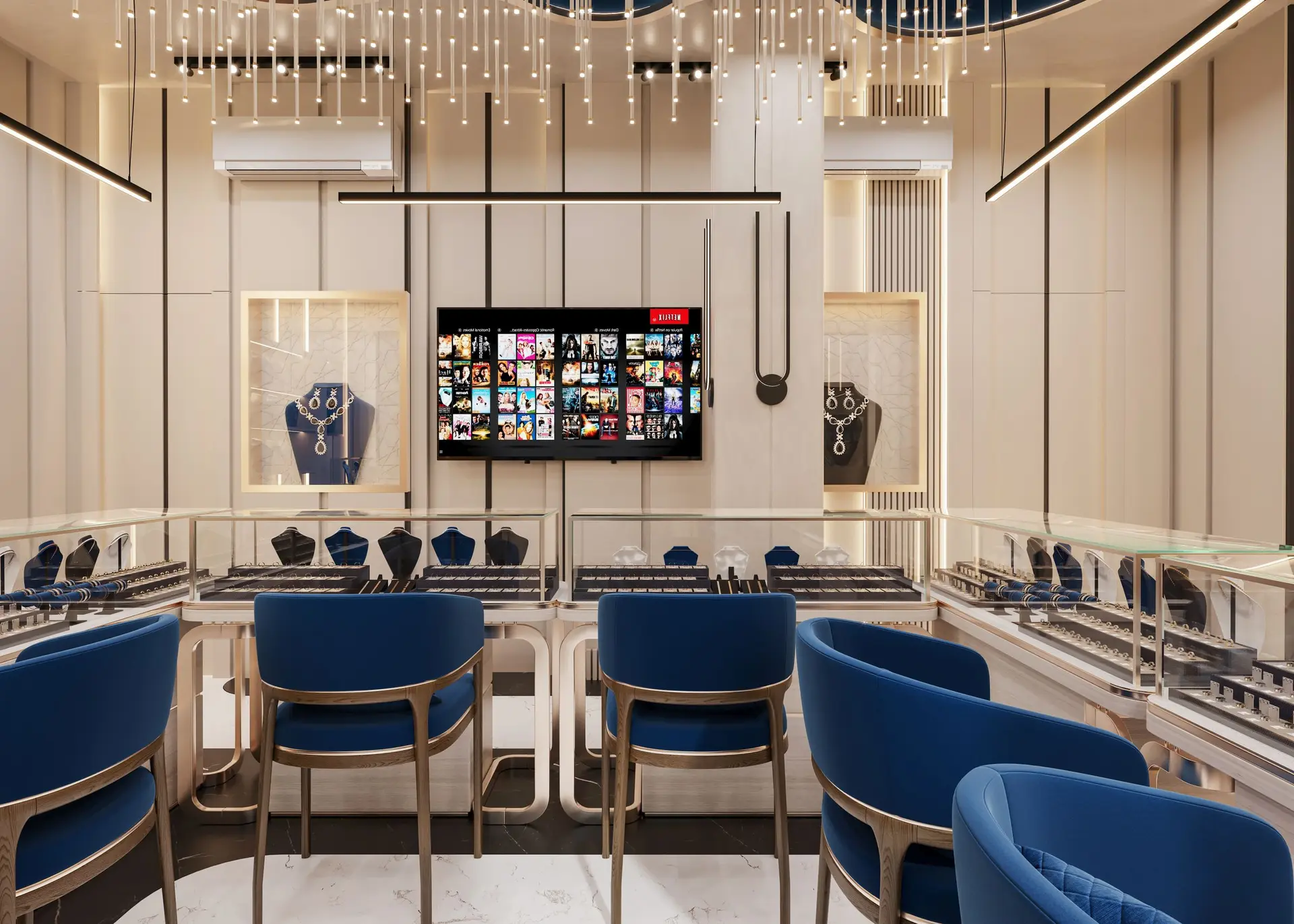 Jewelry store with blue velvet chairs facing glass display counters
